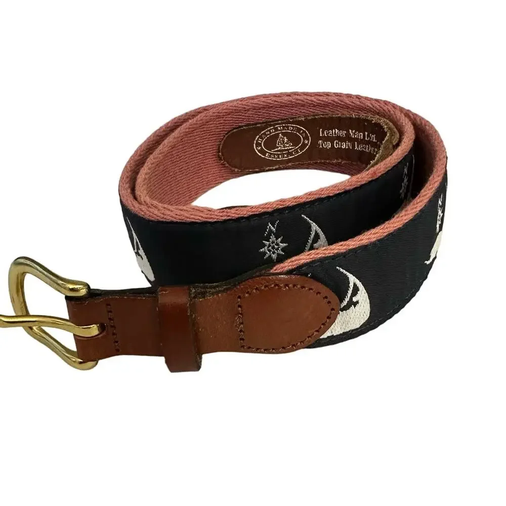 Leather Man Top Grain Leather Belt Compass Wave Nautical Sailing Canvas Fabric